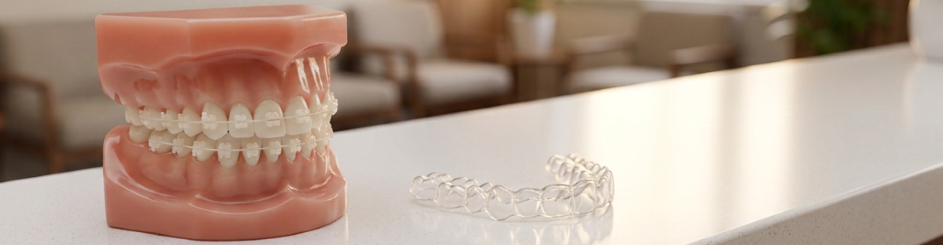 Dental model displaying clear ceramic braces next to a removable clear aligner tray on a countertop, illustrating two orthodontic treatment options in a modern dental office.